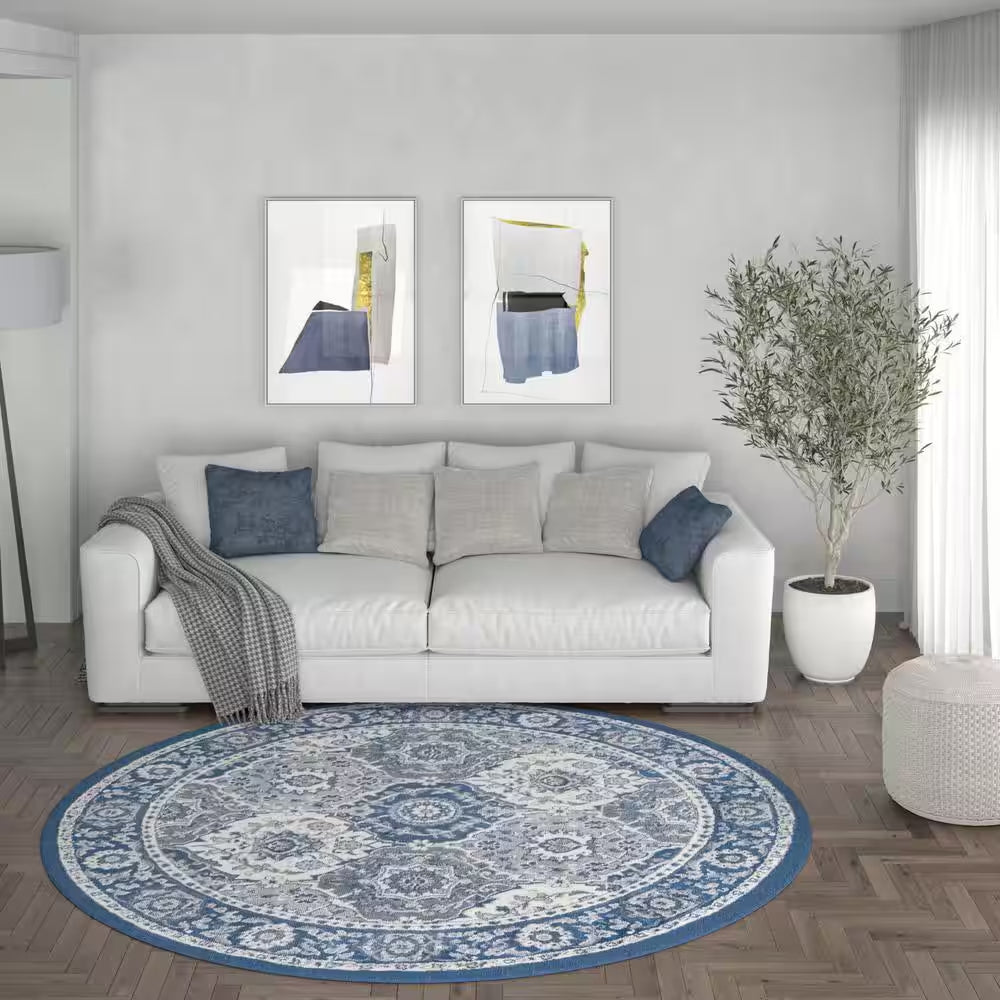 Madison Oriental Navy 8 Ft. round Indoor Area Rug