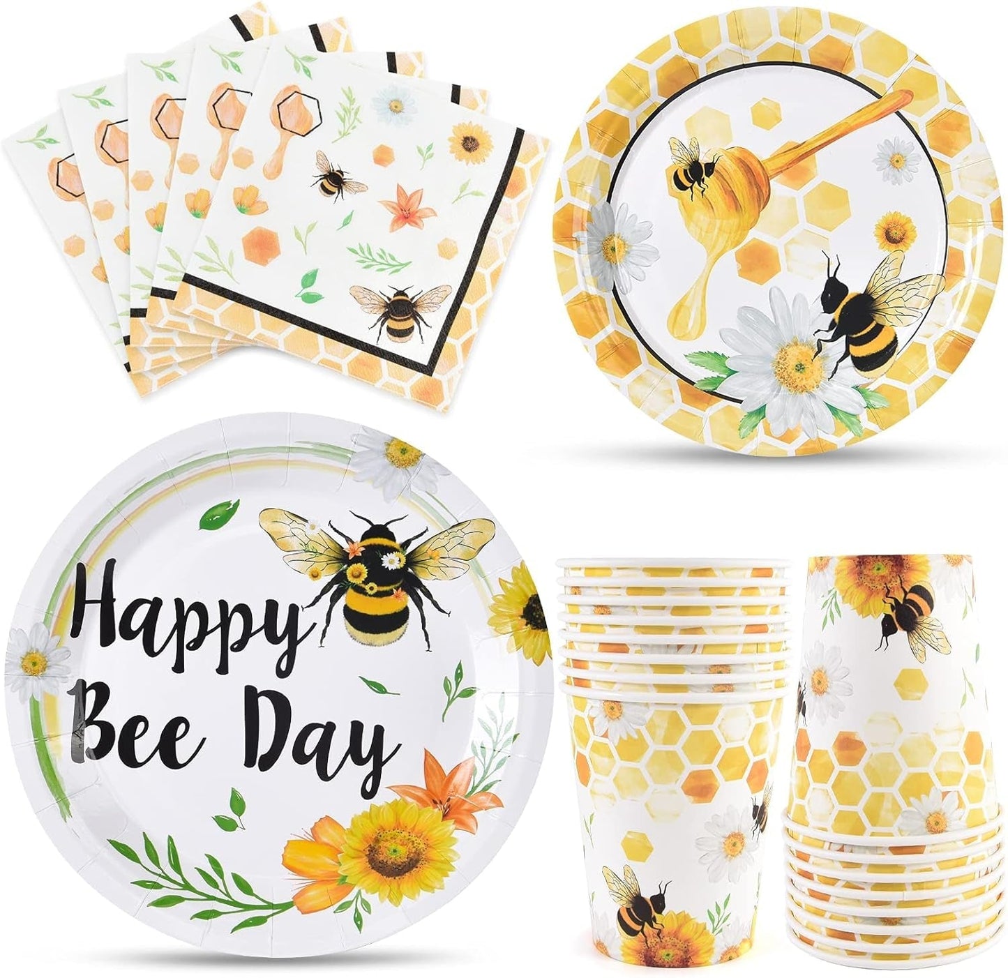 Bee Party Tableware Set - Bee Party Supplies Set for Kids Girls Honey Bee Birthday Bundle Baby Shower Happy Bee Day Paper Plates Cups Napkins Dinnerware Serves 16 Guests 64 PCS
