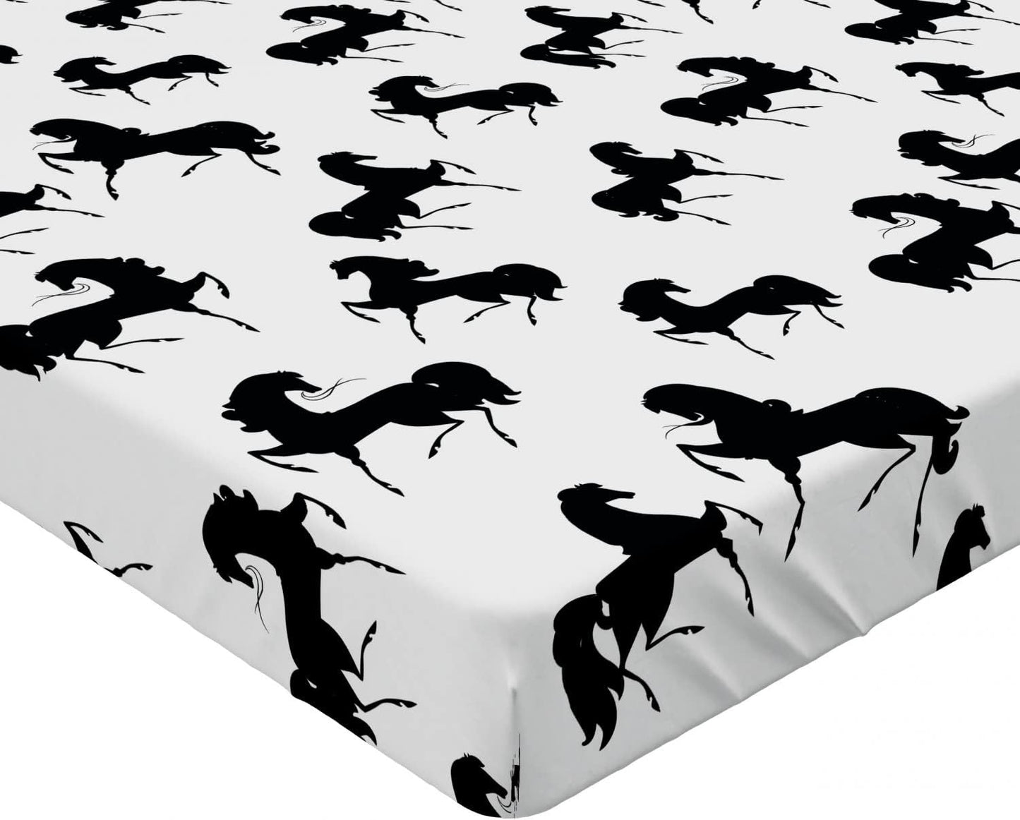 Horses Fitted Sheet, Farm Animal Silhouettes with Various Poses Galloping Trotting Cantering Loping, Bed Cover with All-Round Elastic Deep Pocket for Comfort, Twin XL Size, Black