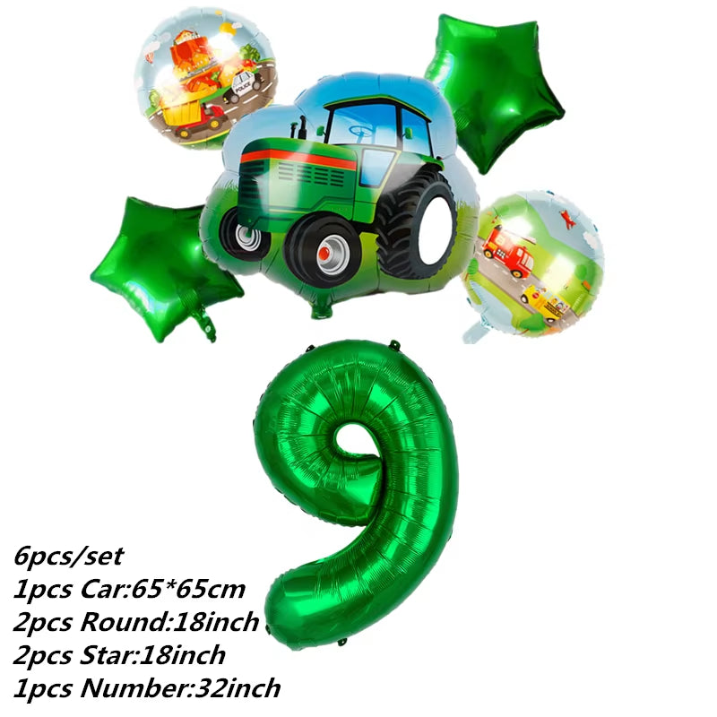 Farm Theme Green Tractor Inflatable Balloons Cake Topper Happy Birthday Party Decoration Kids Birthday Excavator Vehicle Banner