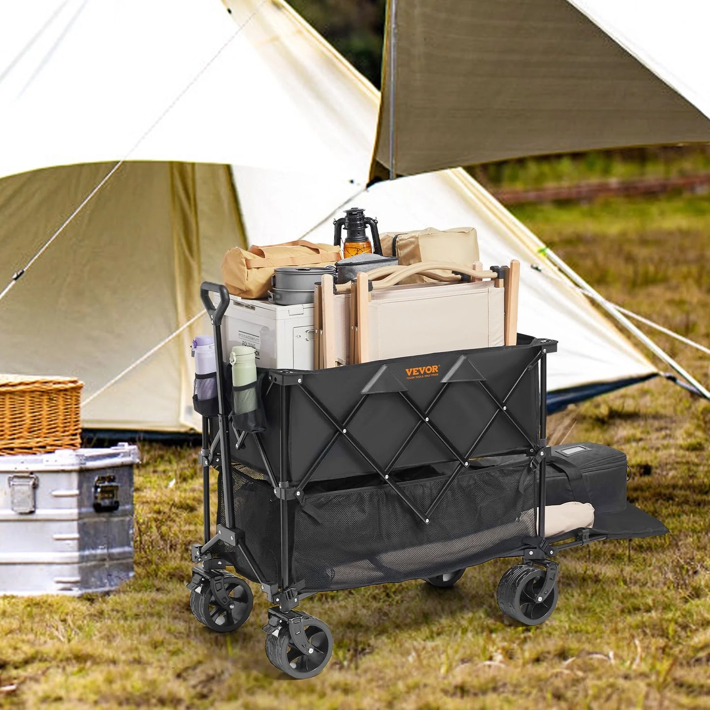 VEVOR Foldable Double Decker Wagon, 400L Collapsible Wagon Cart with All-Terrain Wheels, Heavy Duty Folding Wagon Cart 450 Lbs Weight Capacity for Camping, Shopping, Garden, 52 Extra Long Extender