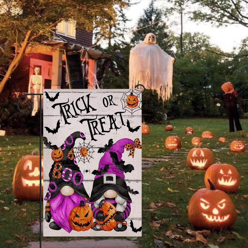 Halloween Garden Flag 12 X 18 Double Sided, Double-Sided Purple Gnomes Garden Flags Stripe Vertical Burlap, Halloween Yard Flag Outdoor Decorations