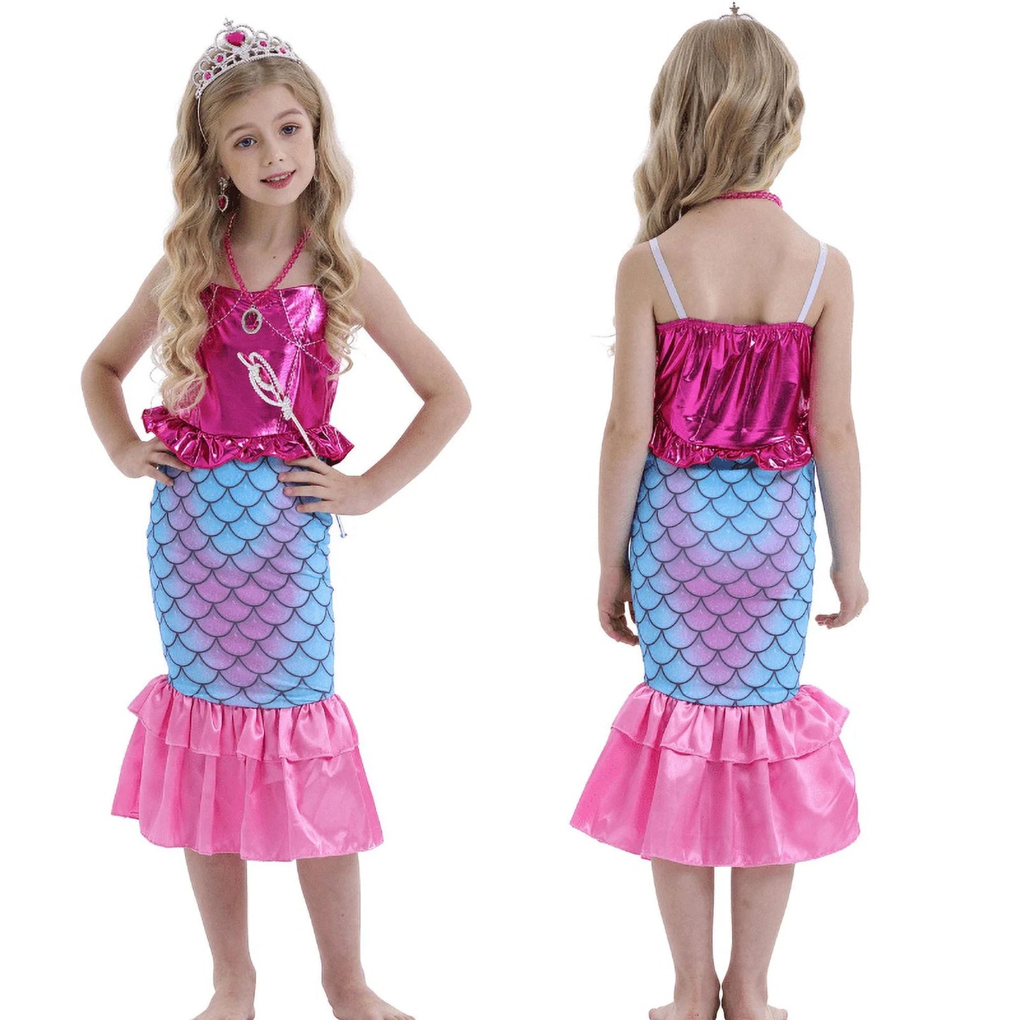 Little Girls Mermaid Costume Ariel Princess Dress up Kids Party Fancy Cosplay Childs Party Holiday Birthday Outfit with Accessories 140 CM 9-10 Years
