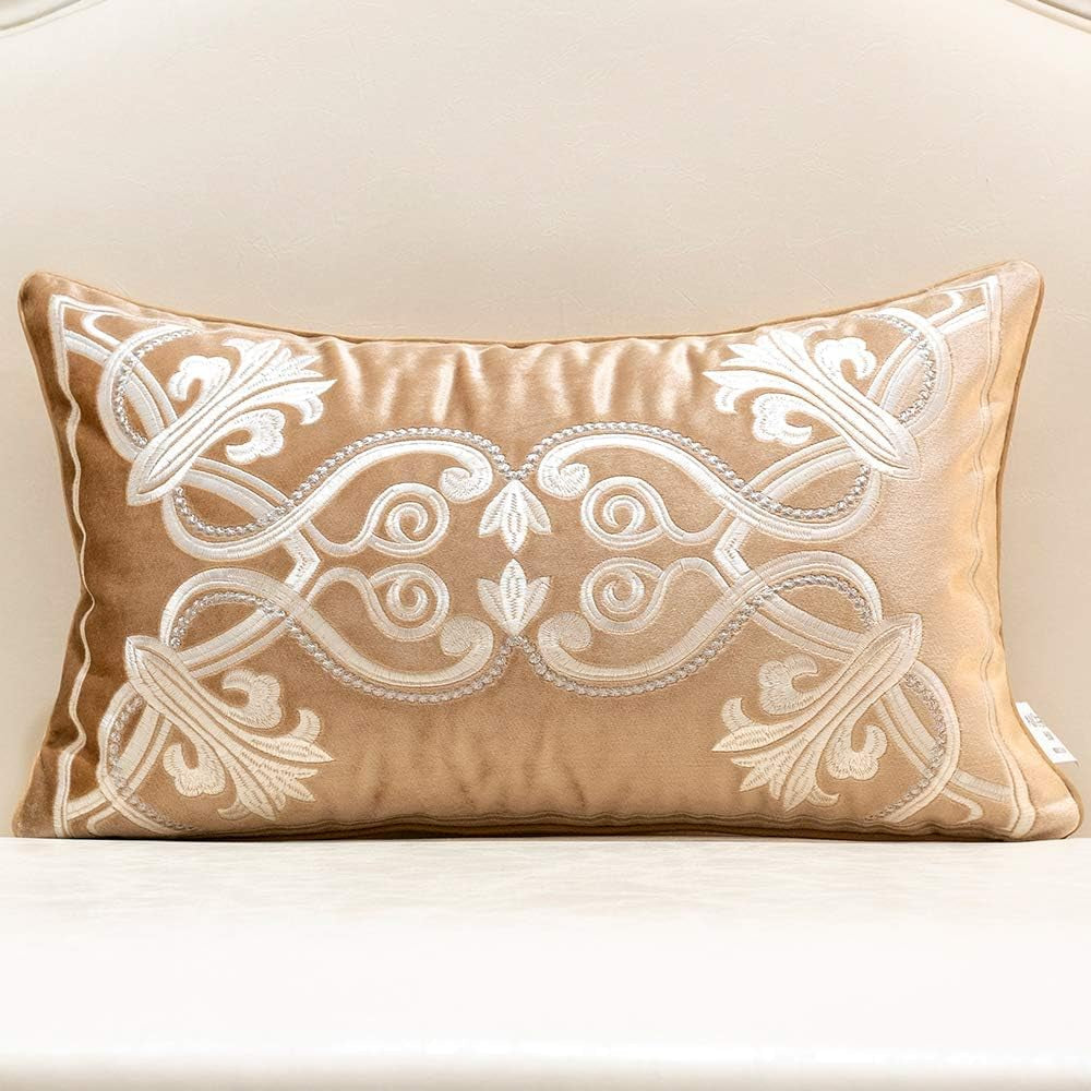 12 X 20 Inch European Cushion Cover Luxury Velvet Home Decorative Embroidery Petunias Pillow Case Pillowcase for Sofa Chair Bedroom Living Room, Beige