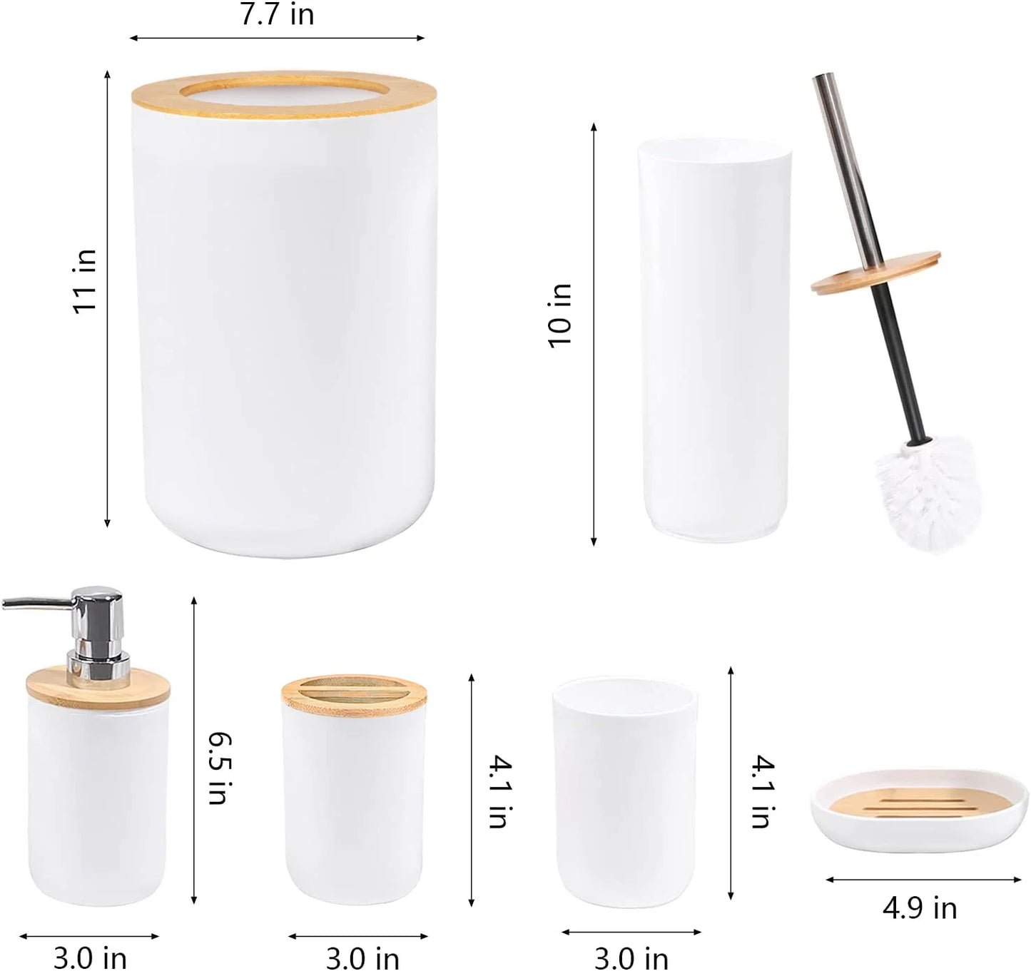 Bamboo Bathroom Accessory Set, 6 Pieces Bath Set- Soap Dish Toothbrush Holder Rinse Cup Lotion Bottle Trash Can Toilet Brush - Practical Toilet Kit for Home Washing Room,White