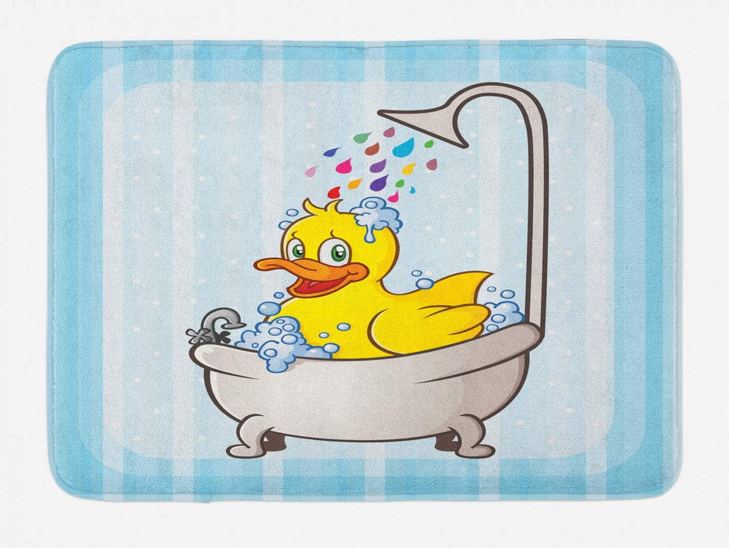 Duck Bath Mat, Cartoon Character Taking a Bath Colorful Drops Backdrop Dots, Plush Bathroom Decor Mat with Non Slip Backing, 30.2" X 20", Sky Blue