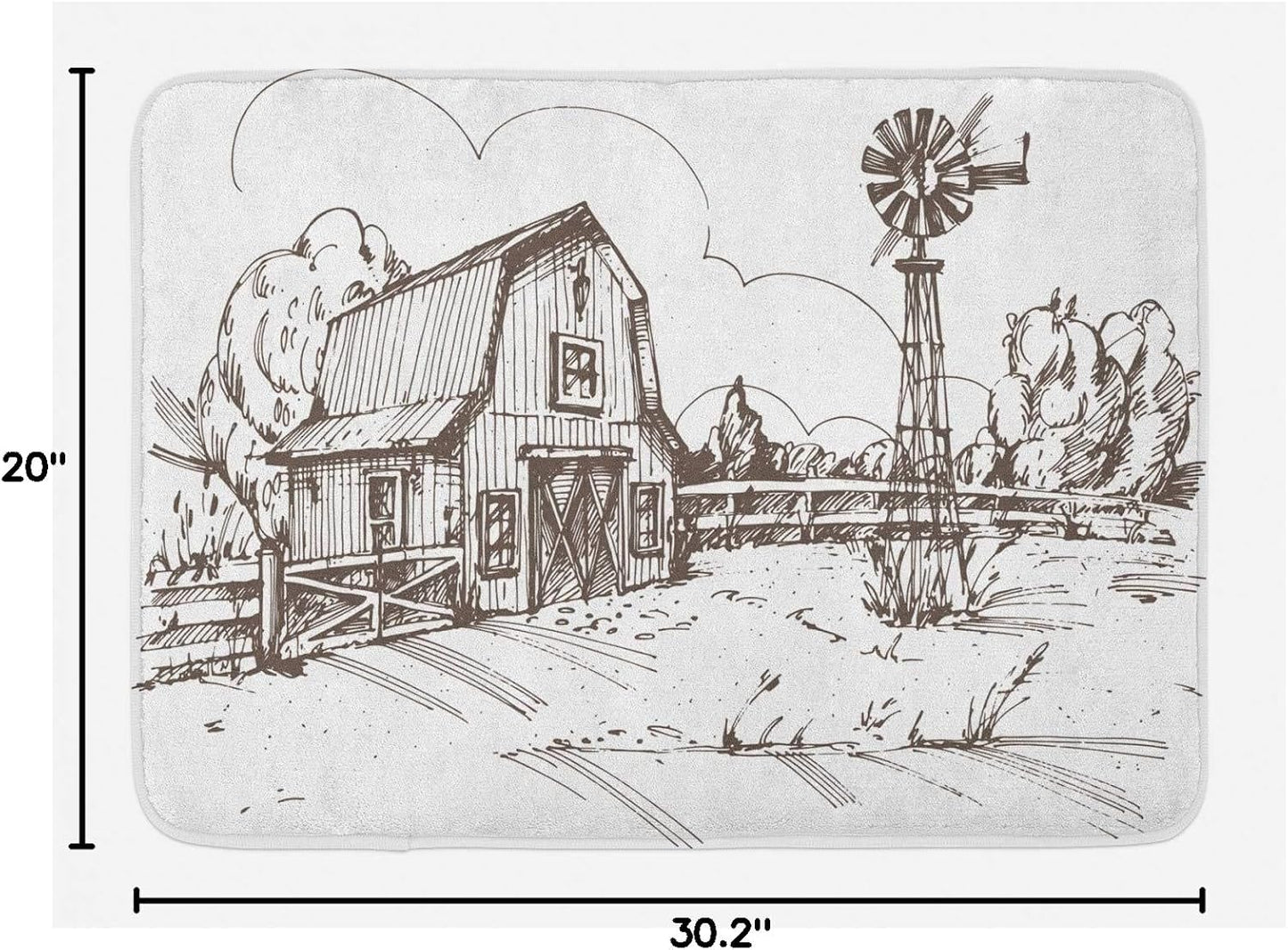 Windmill Bath Mat, Rustic Barn Farmhouse Hand Drawn Illustration Countryside Rural Meadow, Plush Bathroom Decor Mat with Non Slip Backing, 30.2" X 20", Dark Brown and White