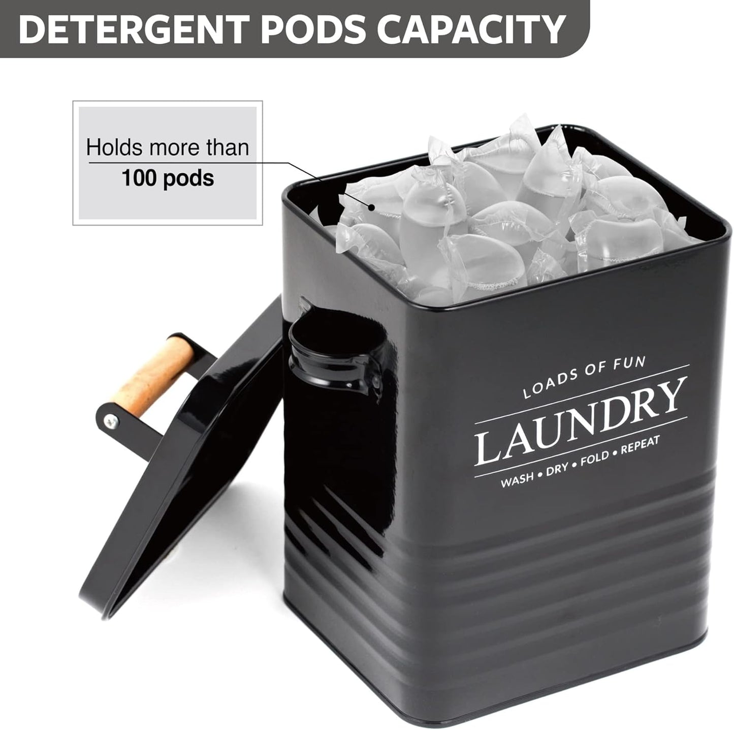 Modern Farmhouse Metal Laundry Soap Dispenser Container Holder with Scoop for Laundry Room Decor and Space Saving Laundry Room Organization and Storage, Laundry Powder Container, Black