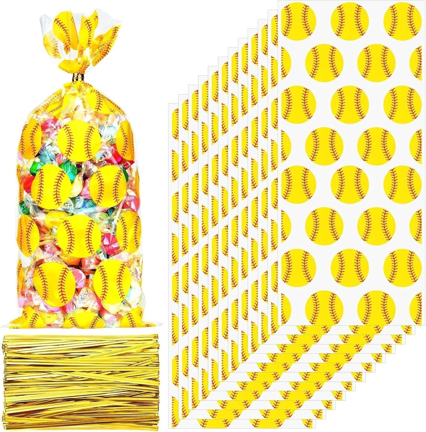 100 Pieces Softball Party Cello Bags Cellophane Softball Treat Bags with 200 Gold Twist Ties for Birthday Party Supplies Favors Cookie Candy Goody Gift Treat