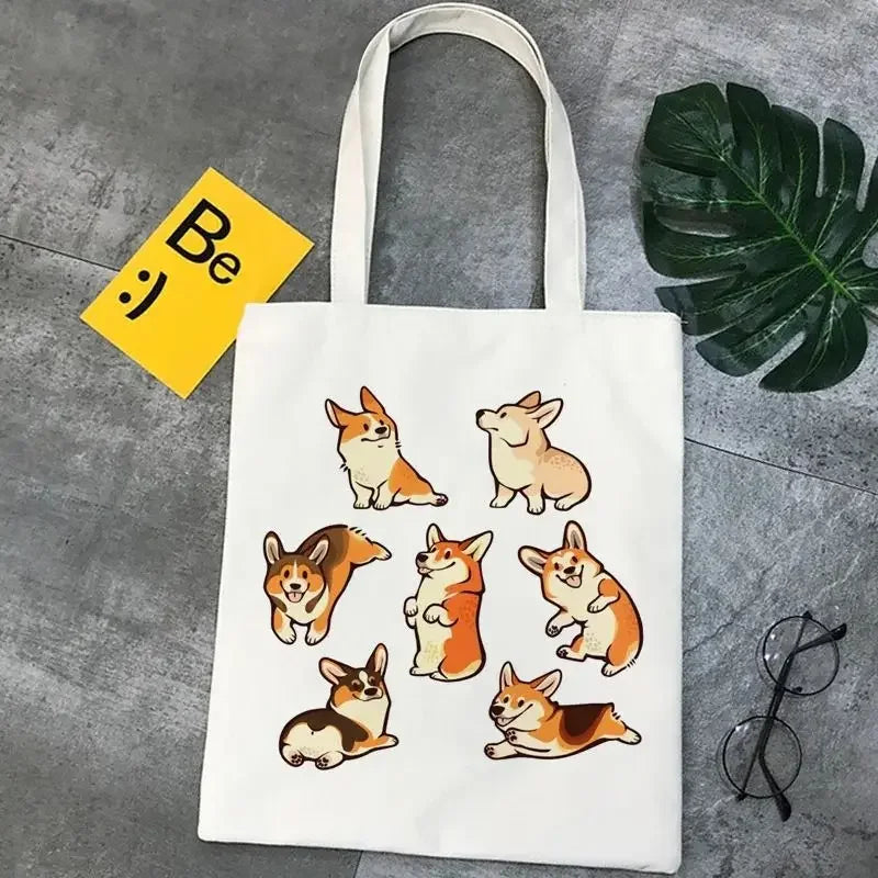 Corgi Dog Cartoon Funny Shopping Bag Graphic Tote Handbag Harajuku Shopper Bag for Women Eco Large-Capacity Female Shoulder Bag