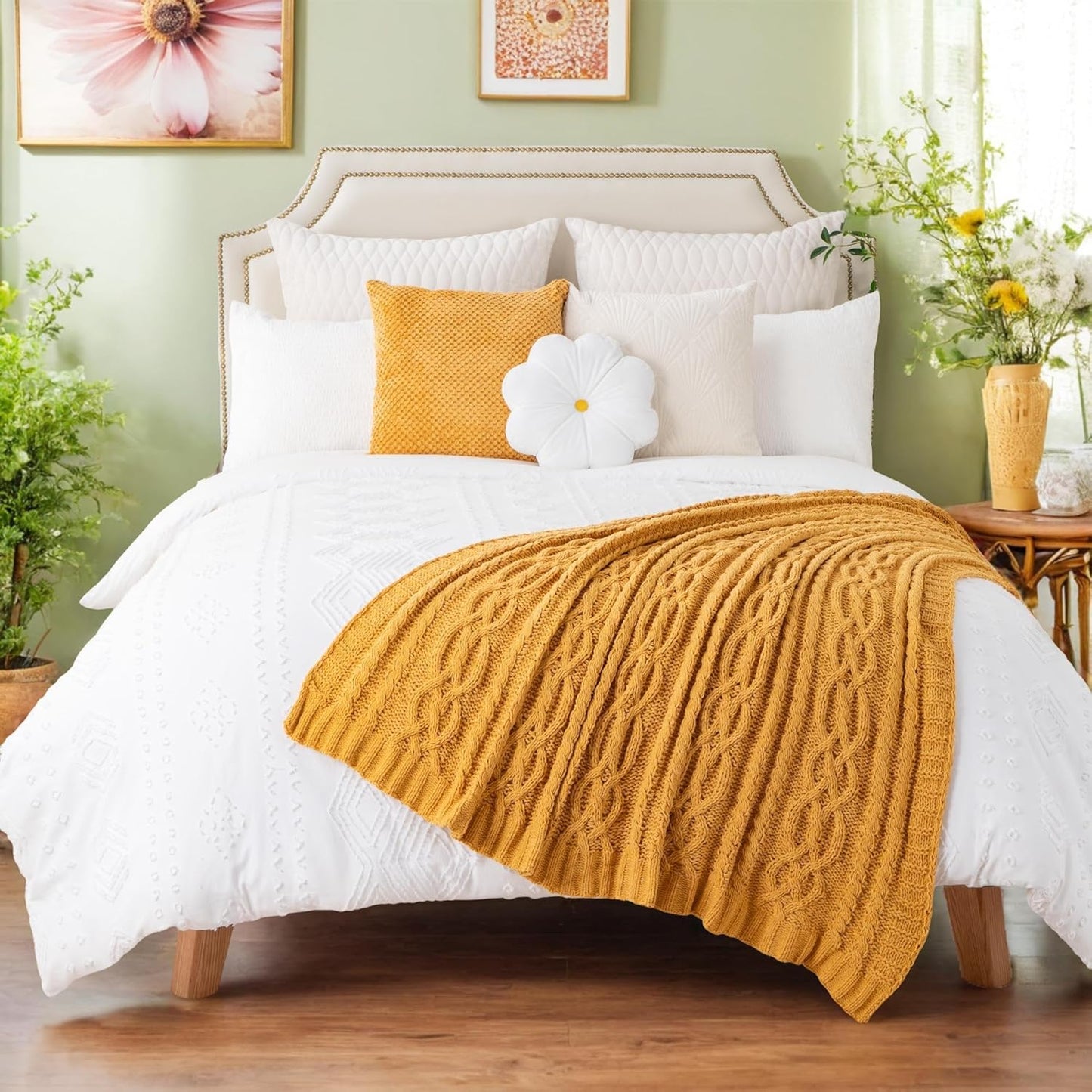 Mustard Yellow 51"X67" Chenille Throw Blanket for Couch, Sofa, Bed, All Seasons, Soft, Warm, Cozy