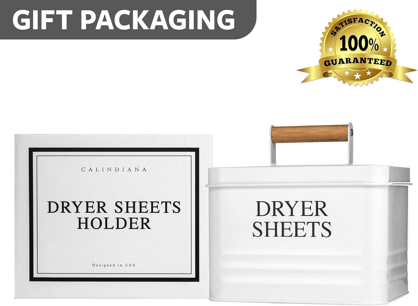 Modern Farmhouse Metal Laundry Dryer Sheets Holder Fabric Softener Dispenser with Lid for Laundry Room Decor and Accessories and Space Saving Laundry Organization and Storage, White