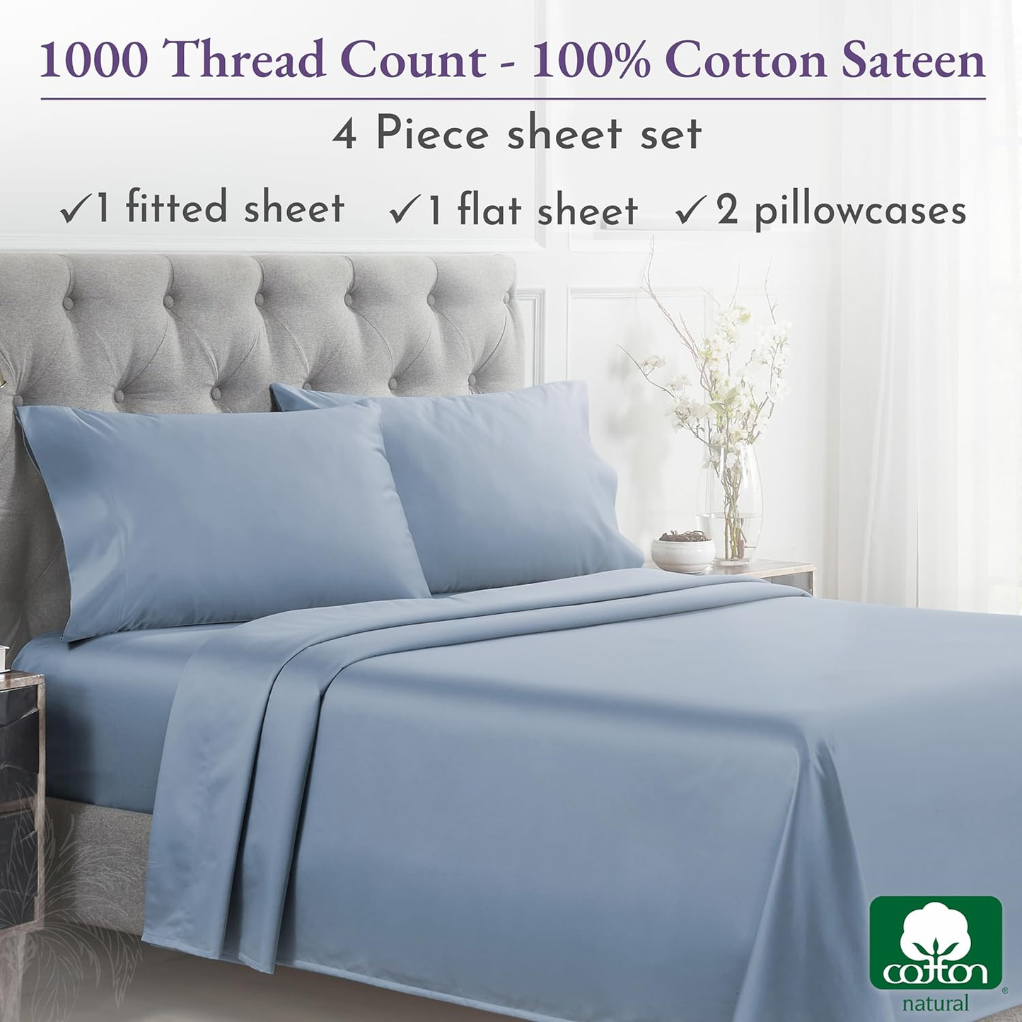 1000 Thread Count King Size Sheet Set, Winner Architectural Digest Best Sheet, Luxury 100% Cotton Sateen Bed Sheets, Softer than Egyptian Cotton (Blue)