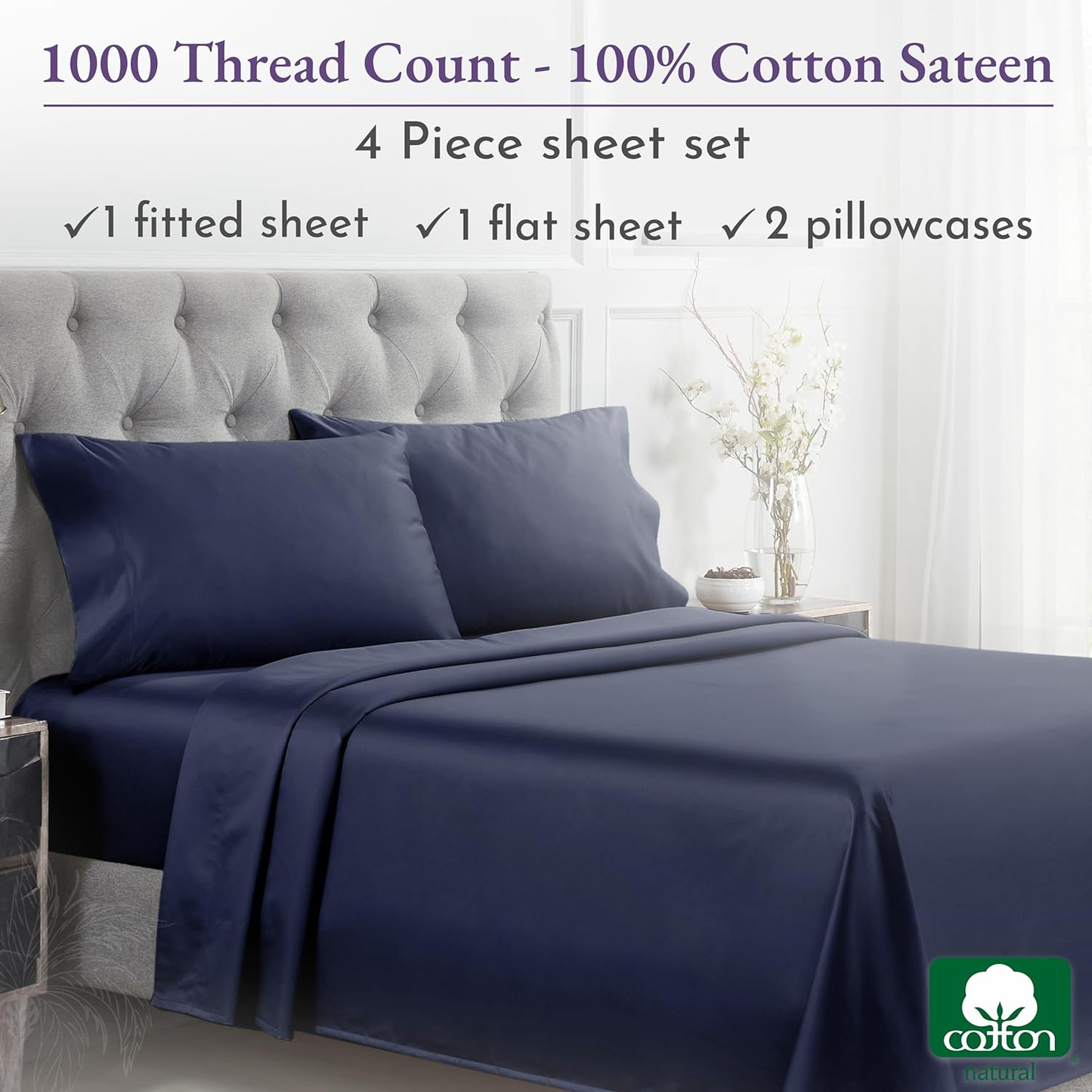 1000 Thread Count King Size Sheet Set, Winner Architectural Digest Best Sheet, Luxury 100% Cotton Sateen Bed Sheets, Softer than Egyptian Cotton (Navy Blue)