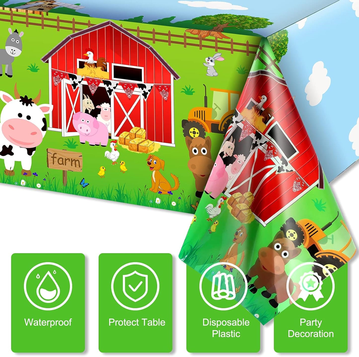 Farm Animals Party Tablecloth Farmhouse Disposable Plastic Table Cover Barnyard Farm Animal Theme Party Decorations for Baby Shower Birthday Party Supplies, 108 X 54 Inch (Red,1 Piece)