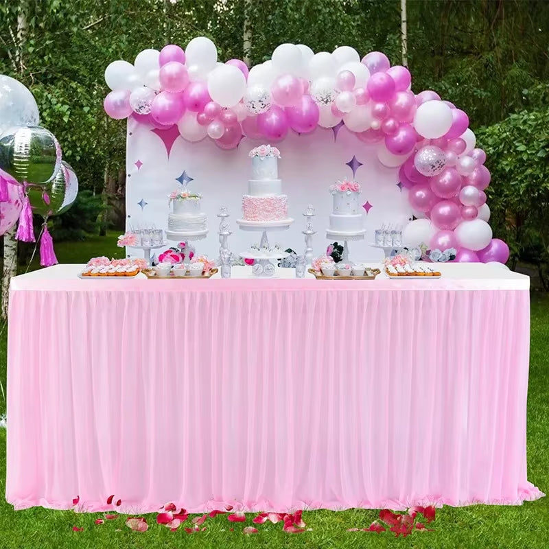 6/9FT Party Table Skirt Birthday Pleated Dessert Tablecloth Cover Wedding Festive Table Skirting Baby Shower Home Table Decor