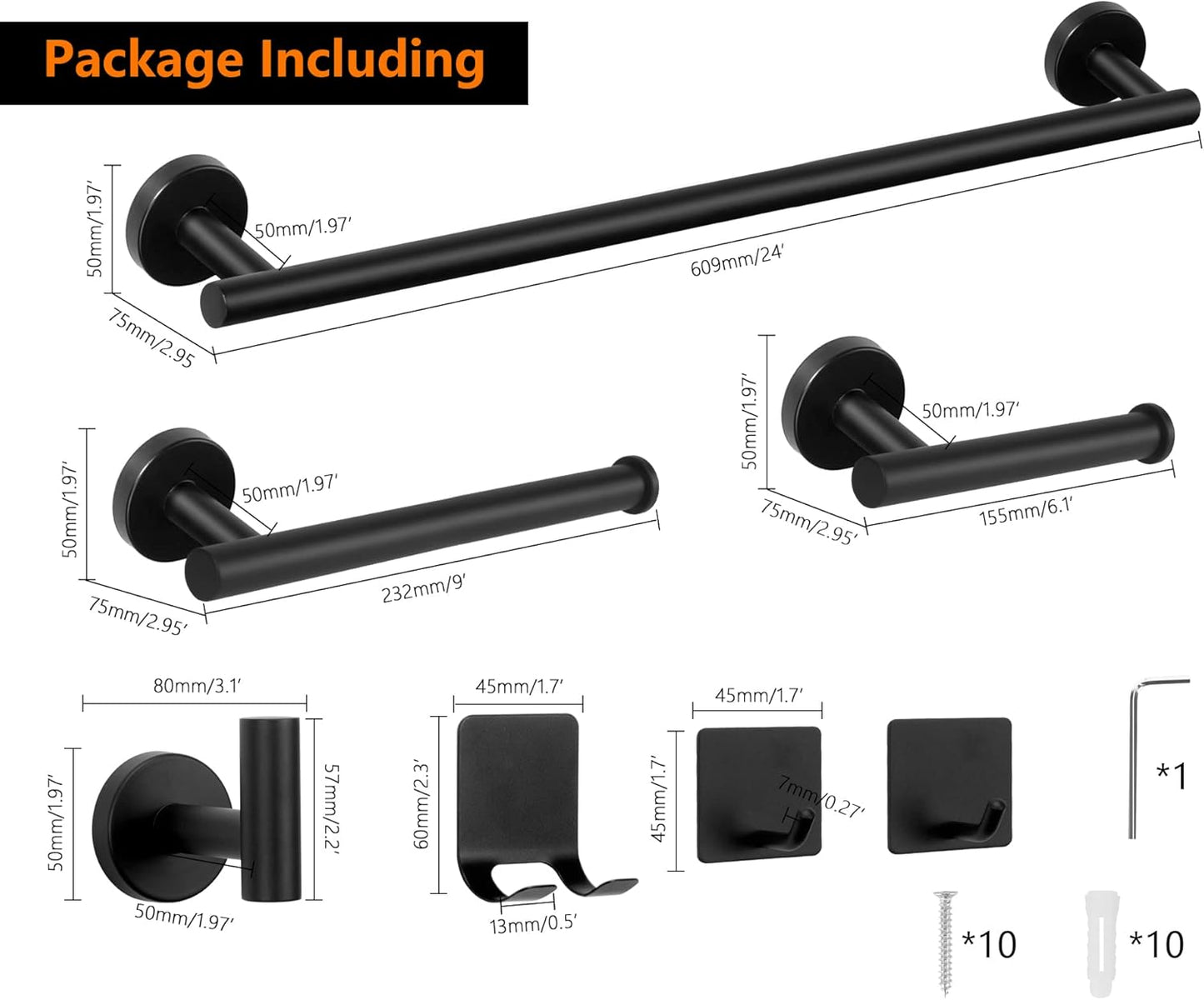 7 Pieces Bathroom Hardware Set SUS304 Thicken Stainless Steel-Towel Rack Kit Include 24" Towel Rod+ 9" Hand Towel Bar+ Toilet Paper Holder+4Robe Towel Hooks Bath Accessories (Matte Black)