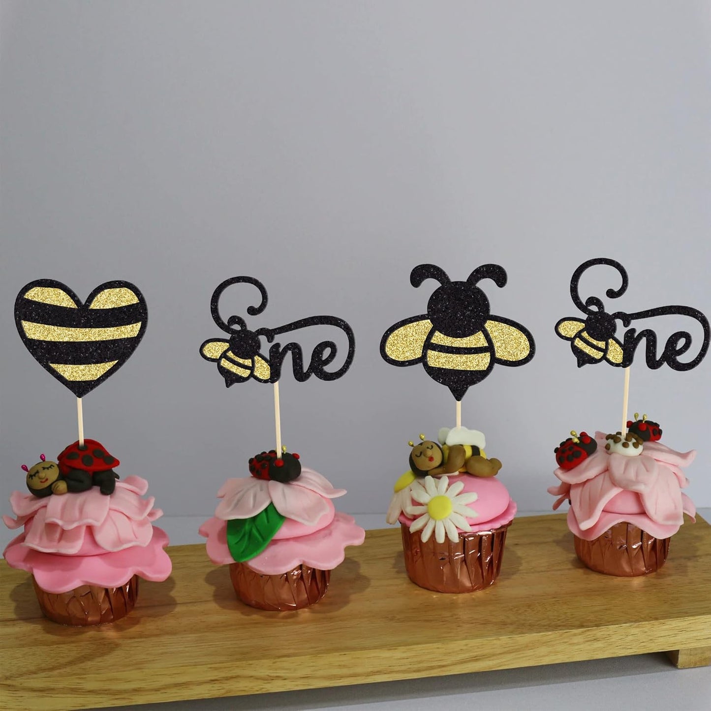 24Pcs Bumble Bee One Cupcake Toppers Heart Bumble Bee Cake Decorations for Boy Girl 1St Birthday Decorations Bee Baby Shower Beehive Honey Party Supplies