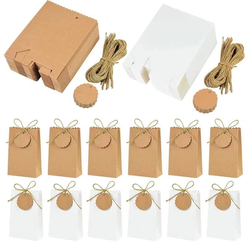 50/10Pcs Kraft Paper Gift Box with Rope Retro Candy Cookie Bag Wedding Favors Birthday Party Supplies Christmas Gift Packaging