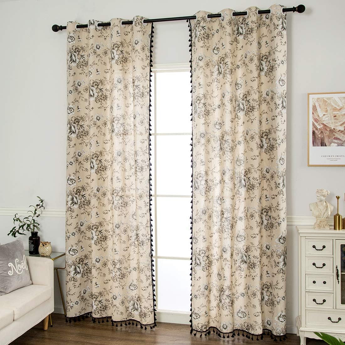 Cotton Linen Floral Window Curtain with Tassels Farmhouse Room Darkening Grommet Curtains for Bedroom Living Room Windows, 1 Panel (Floral,59"X63")