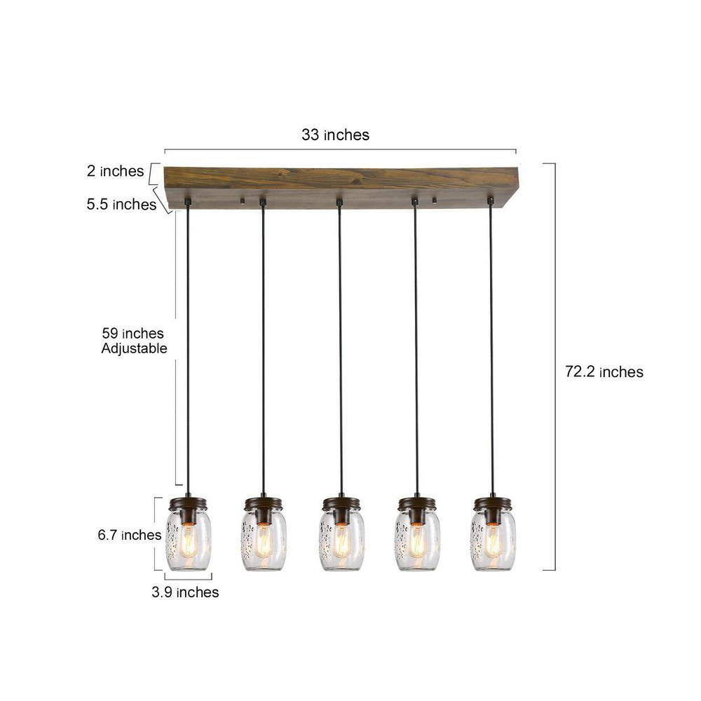 Modern Farmhouse 33 In. Wood DIY Linear Cluster Chandelier 5-Light Dark Brown Island Pendant with Rustic Mason Jar Shade