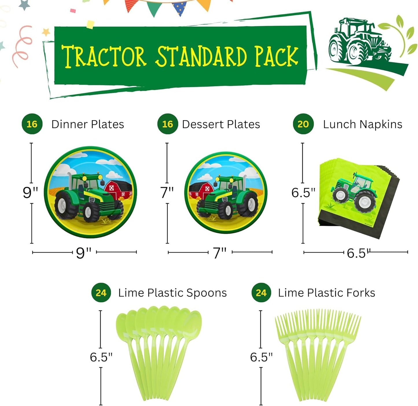 Tractor Standard Party Supplies Pack (100 Pieces for 16 Guests) - Tractor Birthday Party Supplies, Tractor Plates and Napkin, Tractor Decorations, Farm Animal Party, Baby Shower,
