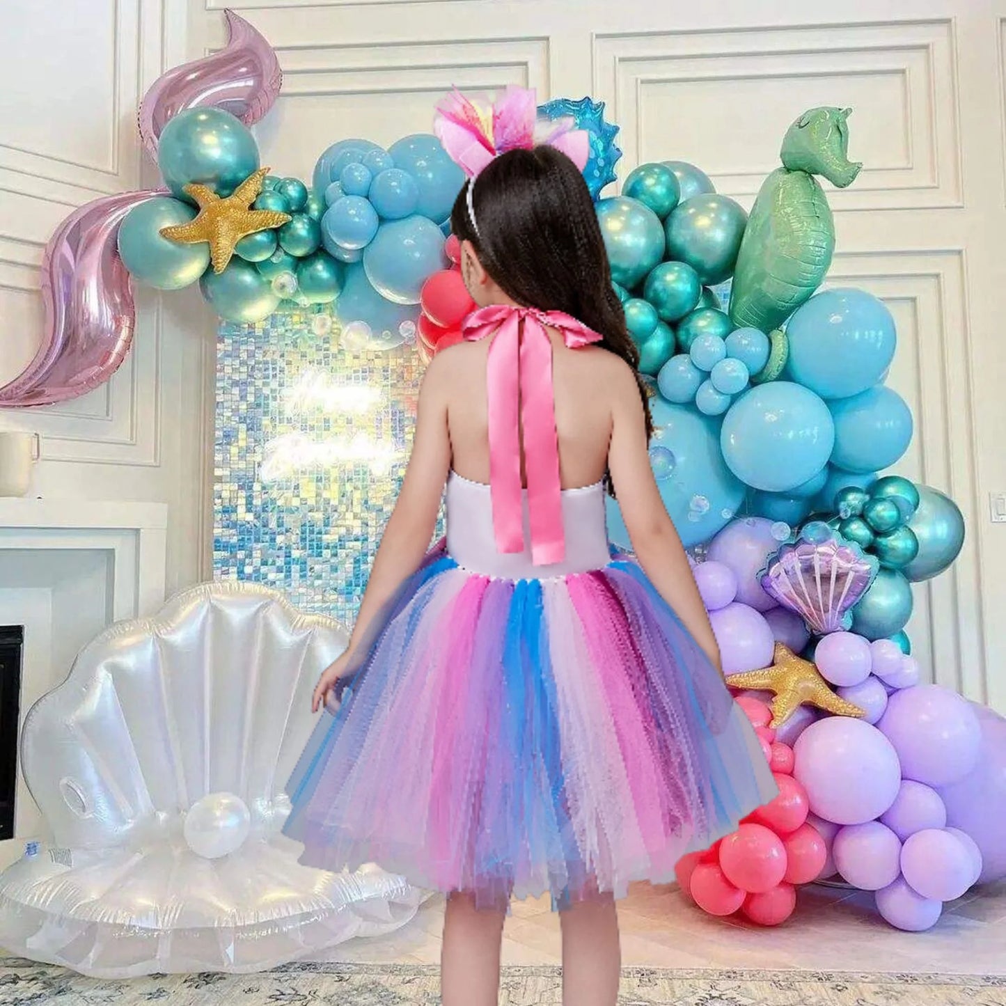 Little Girls Sequin Ariel Mermaid Princess Cosplay Dress Birthday Party Halloween Cosplay Costumes with Hairband 6-7 Years