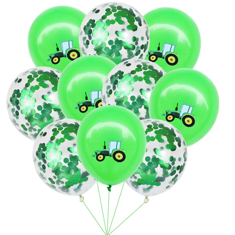 Farm Theme Green Tractor Inflatable Balloons Cake Topper Happy Birthday Party Decoration Kids Birthday Excavator Vehicle Banner