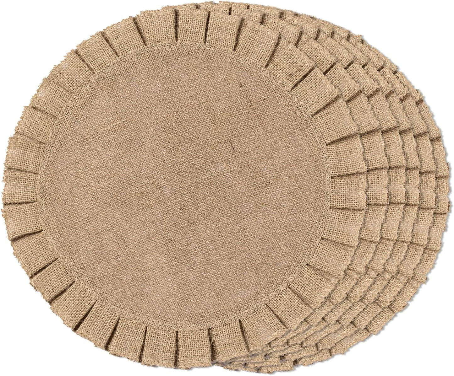 Burlap round Braided Placemats Set of 6 for Dining Tables 15 Inch Heat Resistant Jute Table Mats Farmhouse Woven Fabric Natural Place Mats for Fall Decoration(Ruffled Lace)