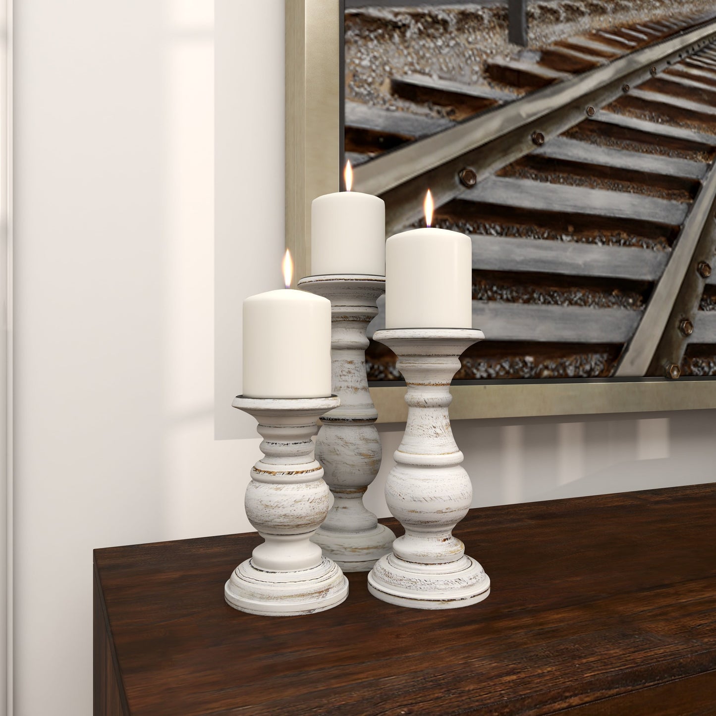 Traditional and Timeless Mango Wood Pillar Candle Holder Set of 3, 6", 8", 1"H, White/Rose Blush Finish