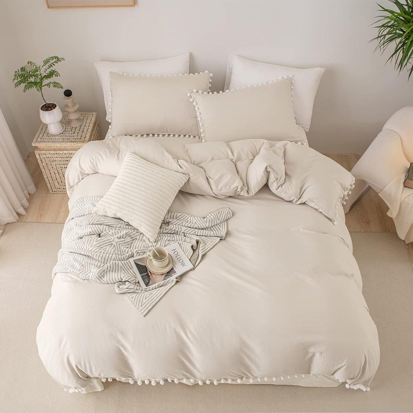 Beige Boho Comforter Set Pom Pom Comforter Queen Aesthetic Room Decor Cute Ball Fringe Farmhouse Bedding Set Queen Ultra Soft Microfiber Lightweight Comforter Set(Beige,Queen)