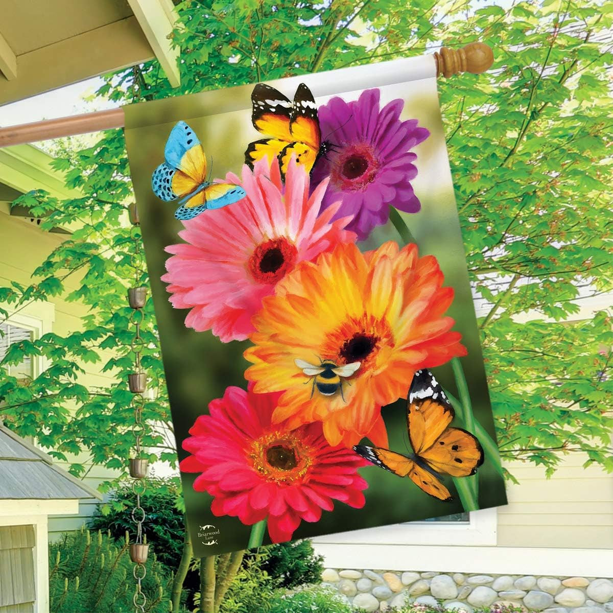 Garden Gerber Daisies Spring House Flag Butterflies Floral 28" X 40"