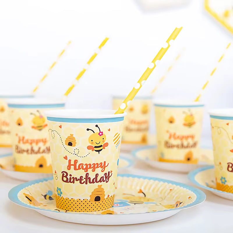 Cute Cartoon Honey Bee Disposable Tableware Plate Cup Kids Birthday Party Decorations Yellow Baby Bee Day Supplies