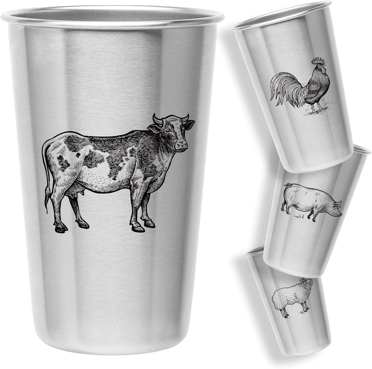 Kid-Proof Cups (Farm Animal Designs) - Set of 4 Stainless Steel Cups (16Oz)
