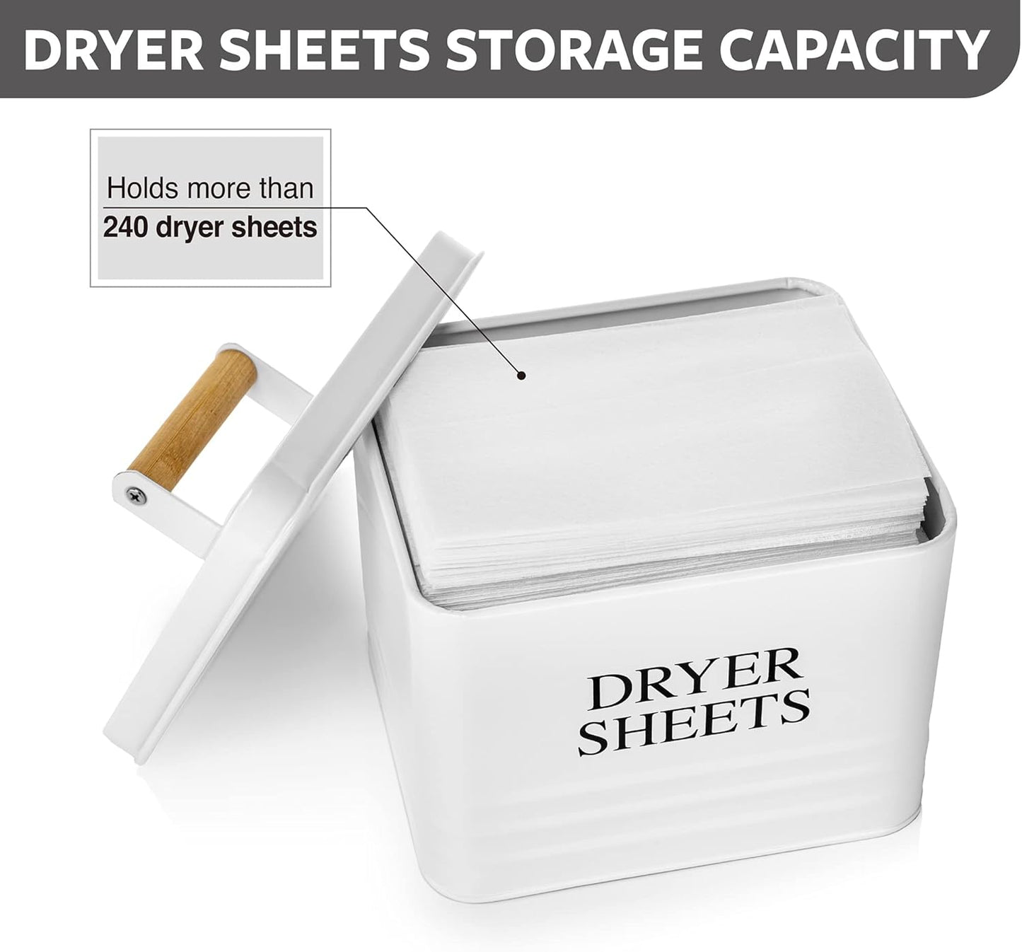 Modern Farmhouse Metal Laundry Dryer Sheets Holder Fabric Softener Dispenser with Lid for Laundry Room Decor and Accessories and Space Saving Laundry Organization and Storage, White