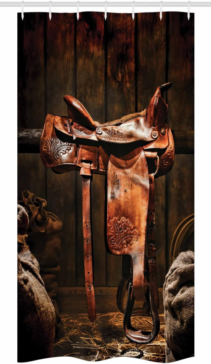Western Stall Shower Curtain, American West Traditional Style Rodeo Cowboy Saddle Wood Ranch Barn Image, Fabric Bathroom Decor Set with Hooks, 36" W X 72" L, Brown