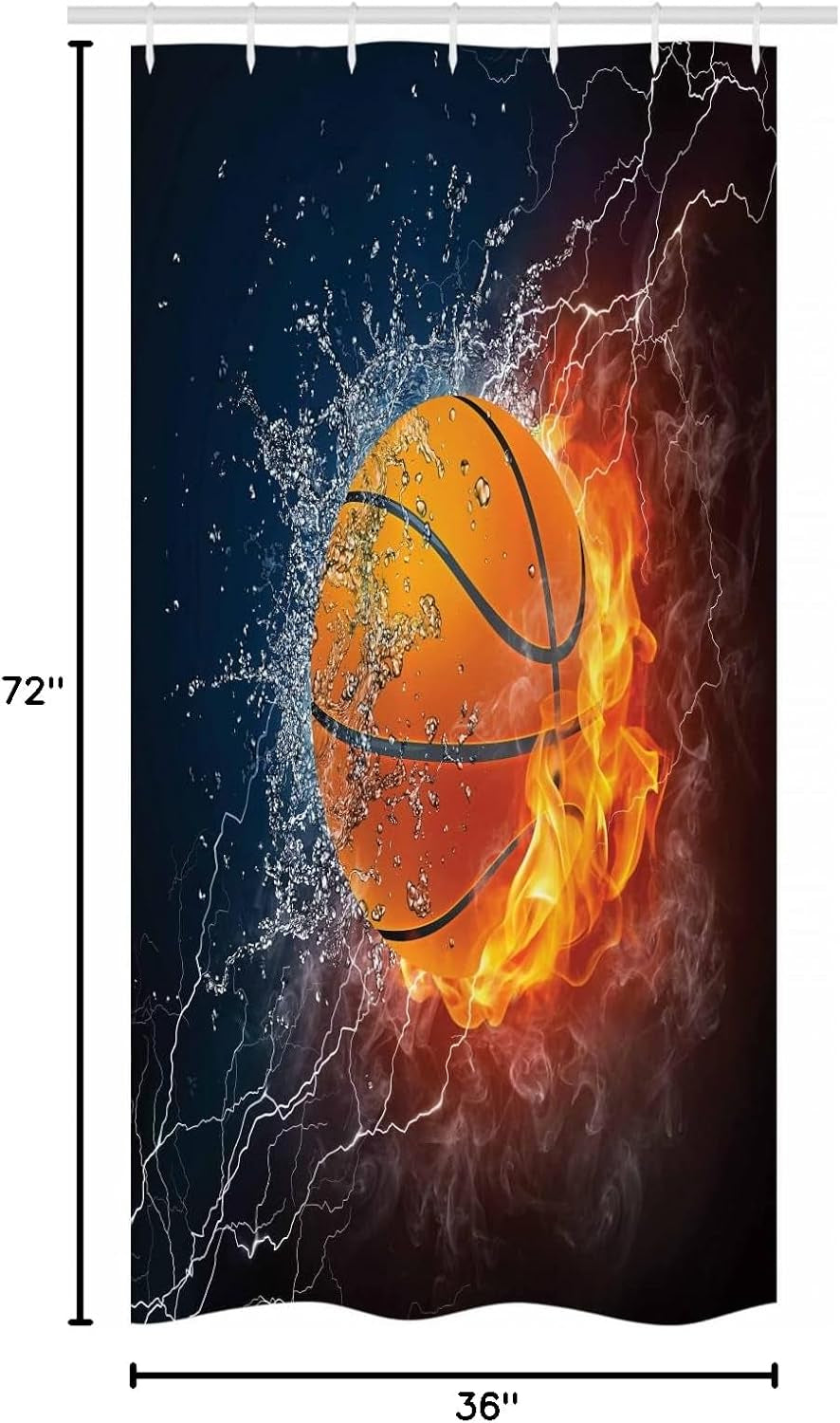 Sports Stall Shower Curtain, Basketball Ball and Water Splashing Thunder Lightning Themed Design, Fabric Bathroom Decor Set with Hooks, 36" W X 72" L, Dark Blue and Burgundy