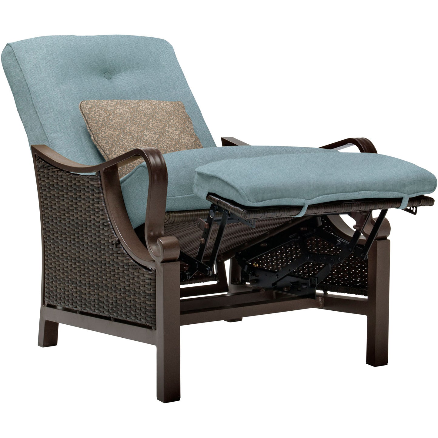 Ventura Steel Outdoor Patio Woven Luxury Recliner with Brown Wicker, Ocean Blue Cushions and Pillow, VENTURAREC-BLU