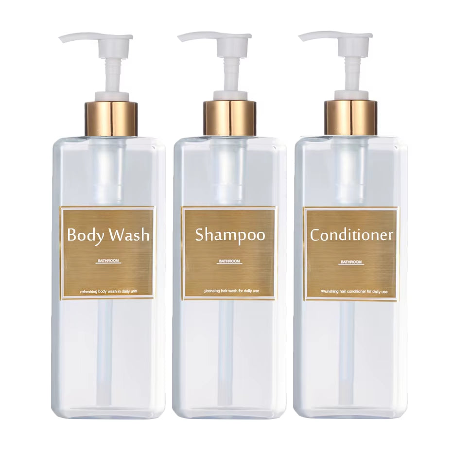 500Ml/16.9Oz Shampoo Dispenser Press Pump Bottle with Gold Waterproof Labels Bathroom Shampoo Conditioner Body Wash Bottles