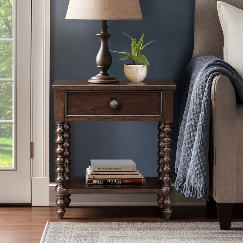 Beckett Turned Wood Spindle Nightstand with Drawer & Shelf