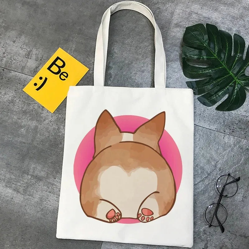 Corgi Dog Cartoon Funny Shopping Bag Graphic Tote Handbag Harajuku Shopper Bag for Women Eco Large-Capacity Female Shoulder Bag