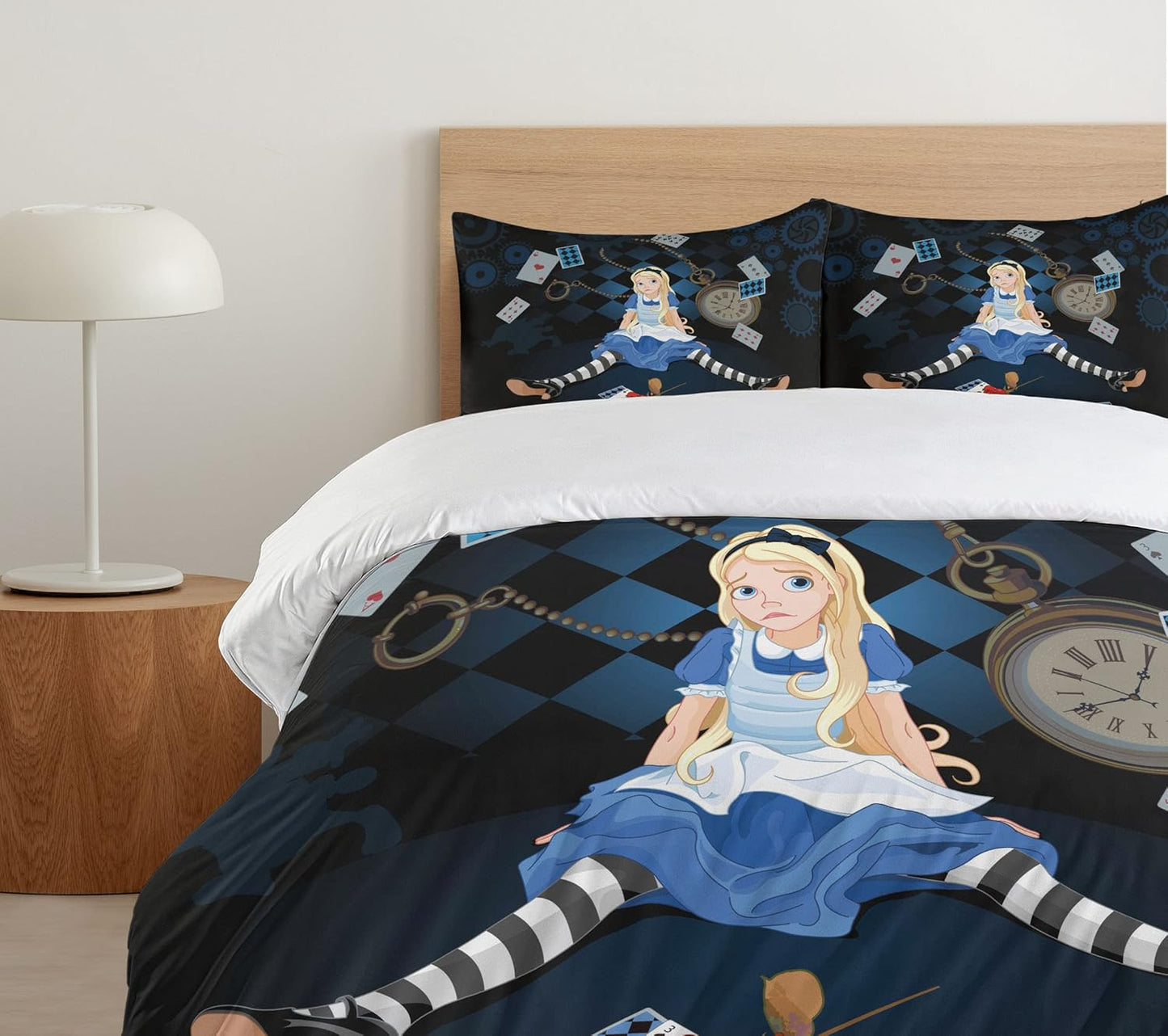Alice in Wonderland Duvet Cover Set, Grown Giant Girl Sitting Flying Cards and Rose Checkered Cartoon, Decorative 3 Piece Bedding Set with 2 Pillow Shams, Queen Size, Dark Blue Sepia