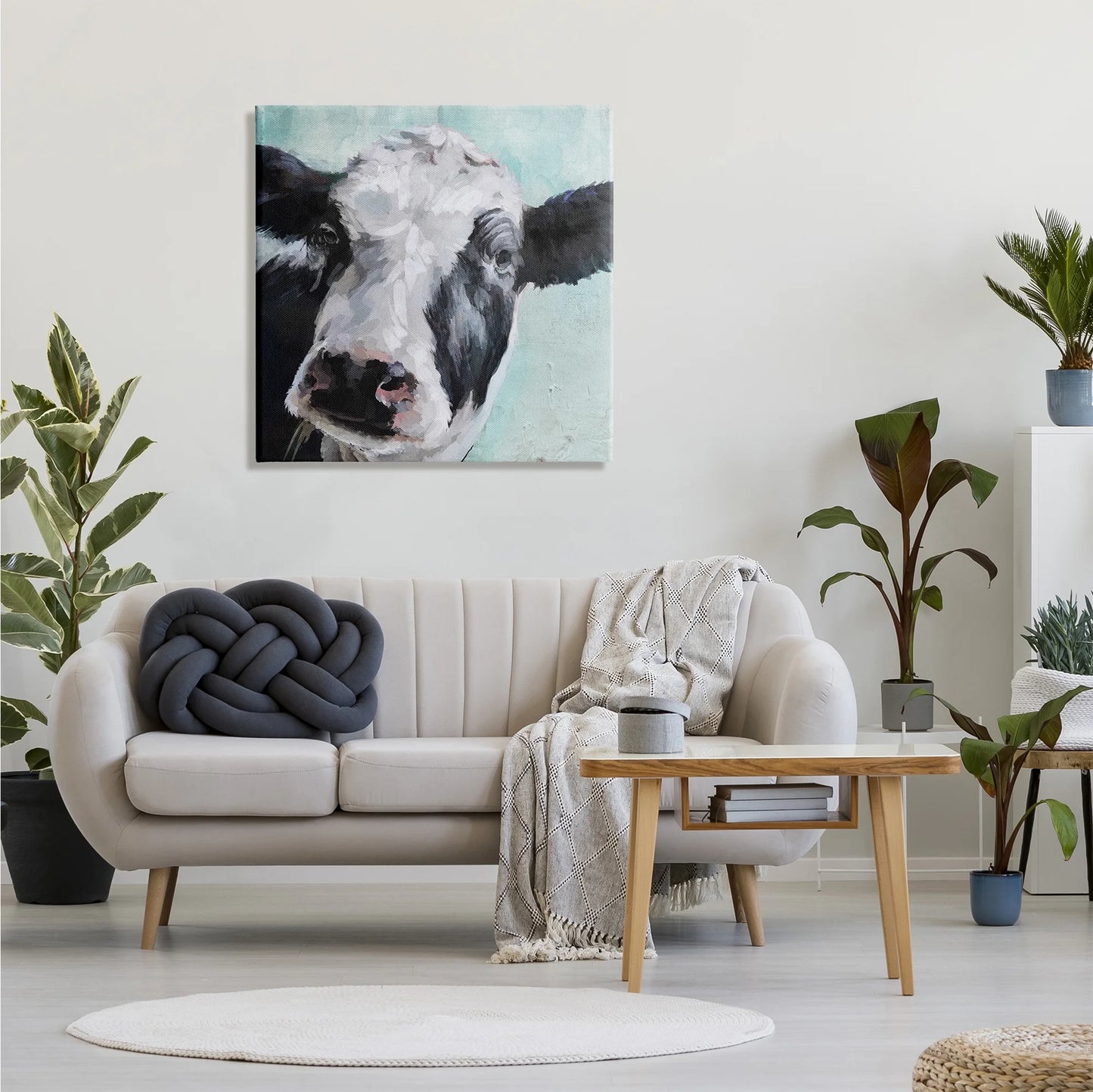 The Stupell Home Decor Collection Gentle Farm Cow Painting on Blue XL Stretched Canvas Wall Art, 30 X 1.5 X 30