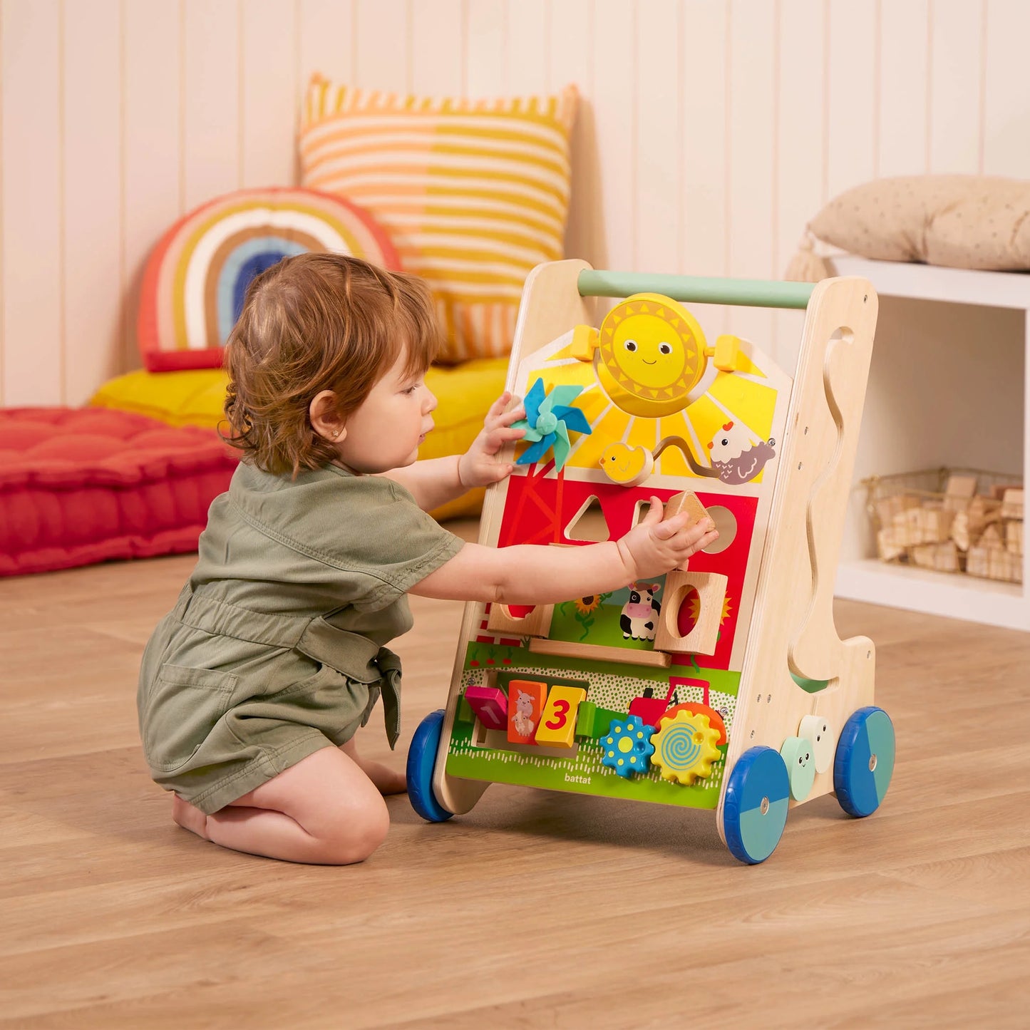 Farm Footsteps Wooden Activity Walker 19.61 in with 3 Shapes, Baby and Toddler Toys