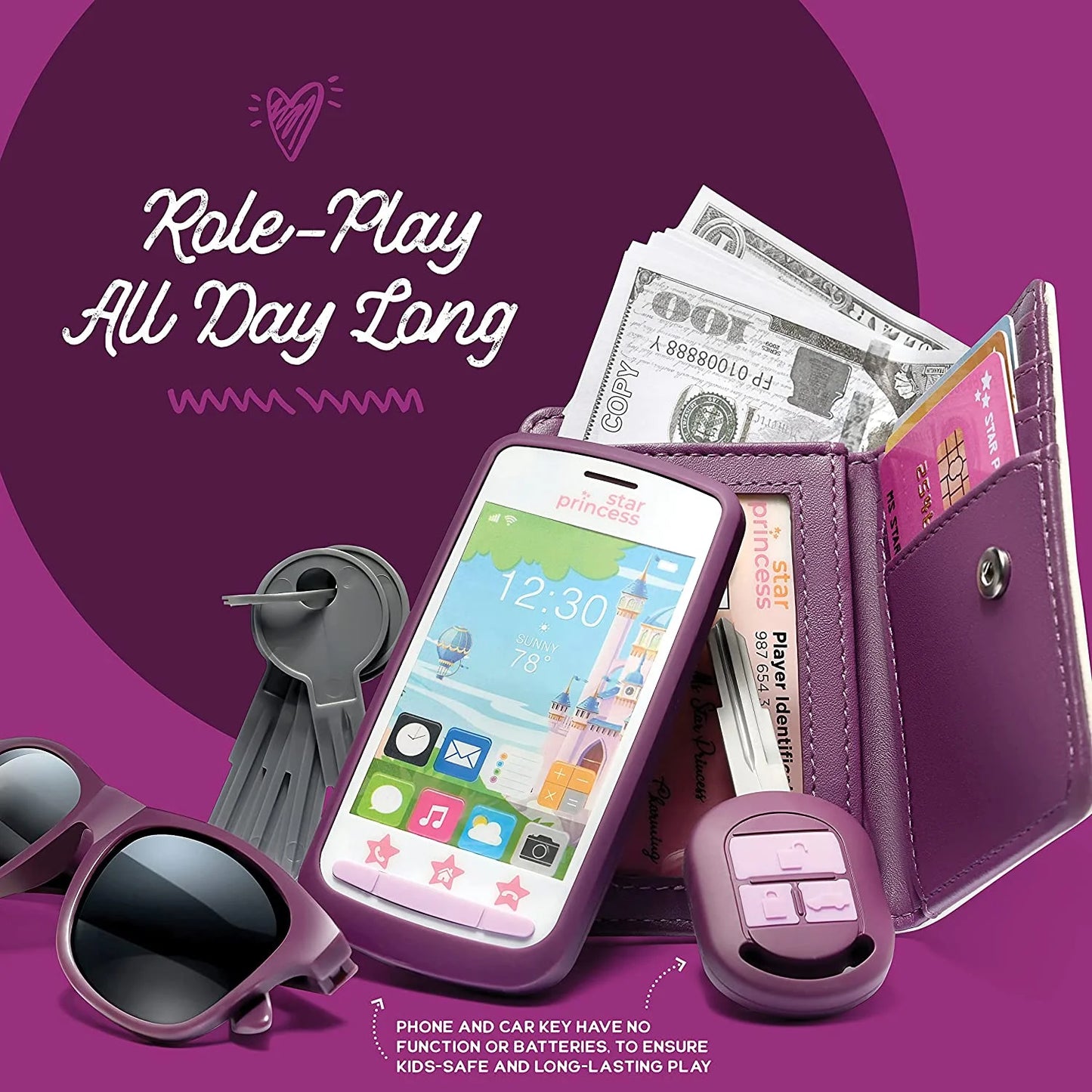 Play Purse for Girls and Toddlers - Realistic Purse and Complete Set of Pretend Play Accessories Including Toy Phone, Wallet, Credit Cards, Keys, Makeup for Role Playing Ages 3 4 5 6 7 8 Years and Up