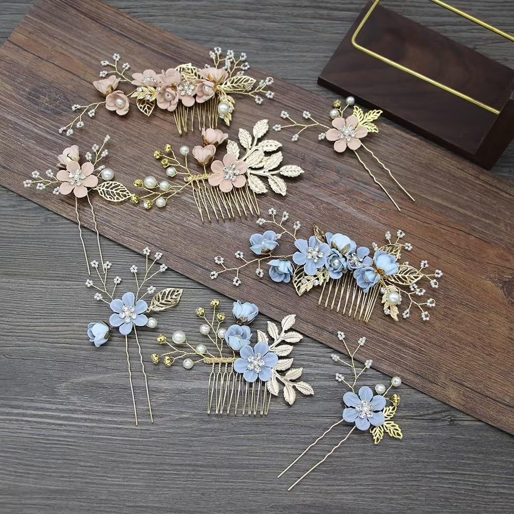 4Pcs Blue Wedding Hair Piece Blue Hair Accessories Hairpins Set, Decorative Pearl Comb, Flower Bridal Hair Set, Hair Accessories for Brides Girls Hair Combs Hair Jewelry