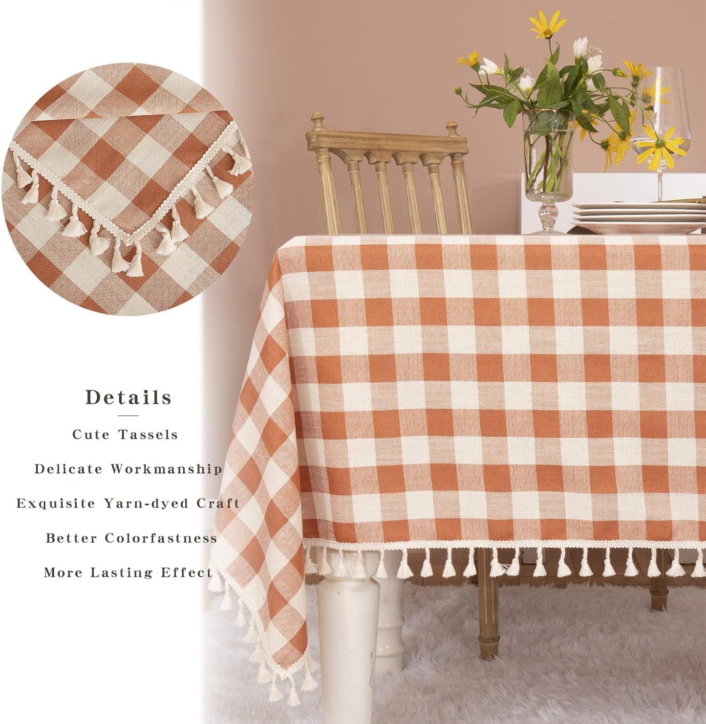 Rustic Gingham Tablecloth, Cotton Buffalo Plaid Table Cloth for Fall Thanksgiving Christmas Kitchen Restaurant Holiday Outdoor Picnic Decoration(Rectangle/Oblong, 55X84,Orange