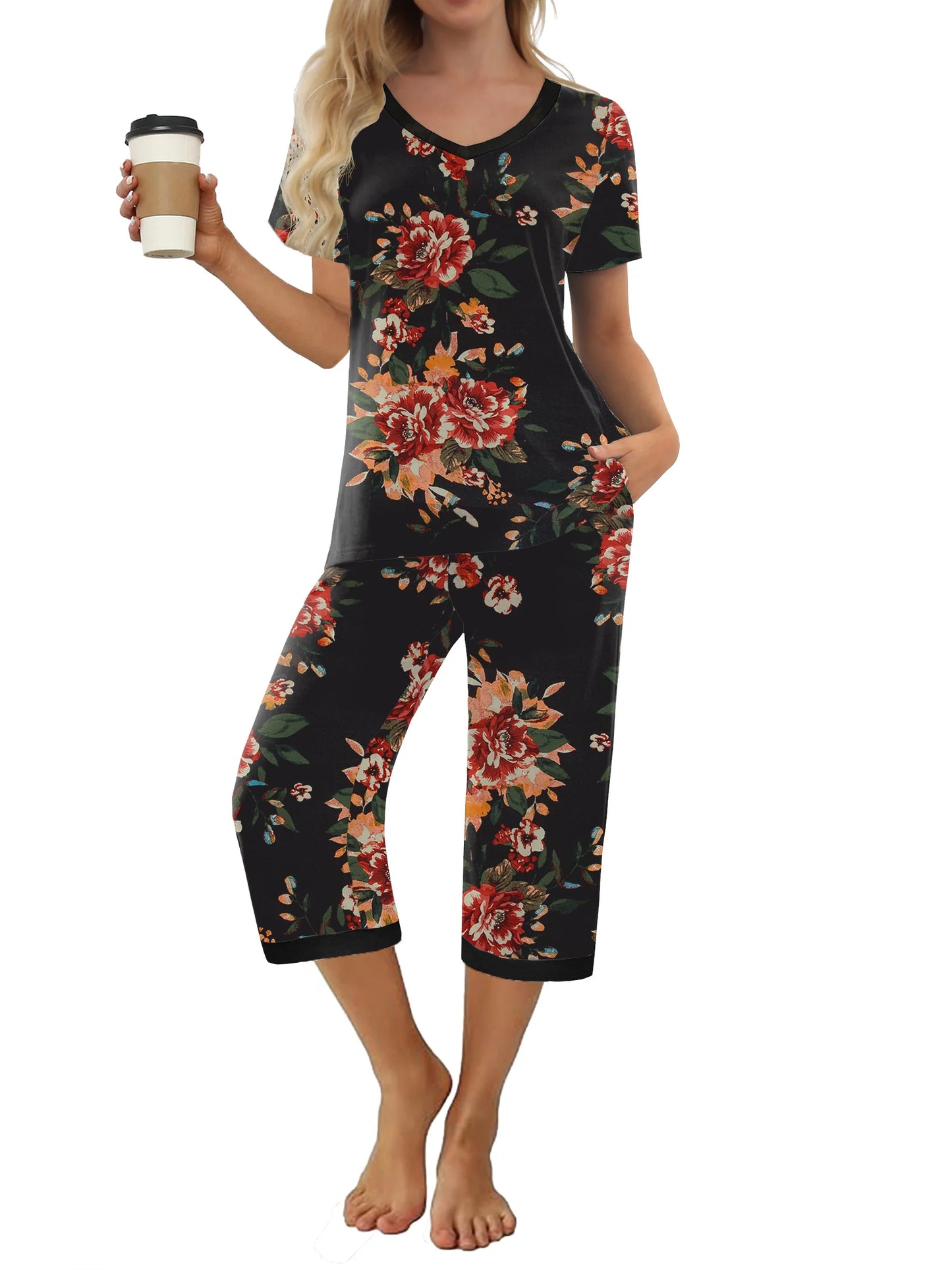 Women'S Pajama Sets Short Sleeve Shirt and Capri Soft Pajama Sets with Pockets
