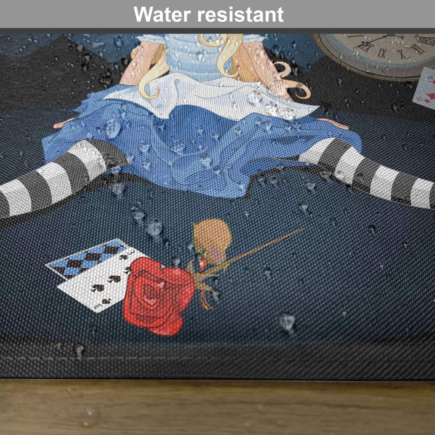 Alice in Wonderland Place Mats Set of 4, Grown Giant Girl Sitting Flying Cards and Rose Checkered Cartoon, Washable Fabric Placemats for Dining Table, Standard Size, Dark Blue Red