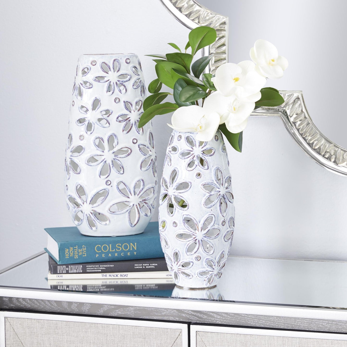 14", 11"H Floral Handmade Daisy Cut Out White Ceramic Vase, Set of 2